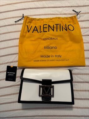 Valentino White Leather Clutch with Black Trim and Logo Accent